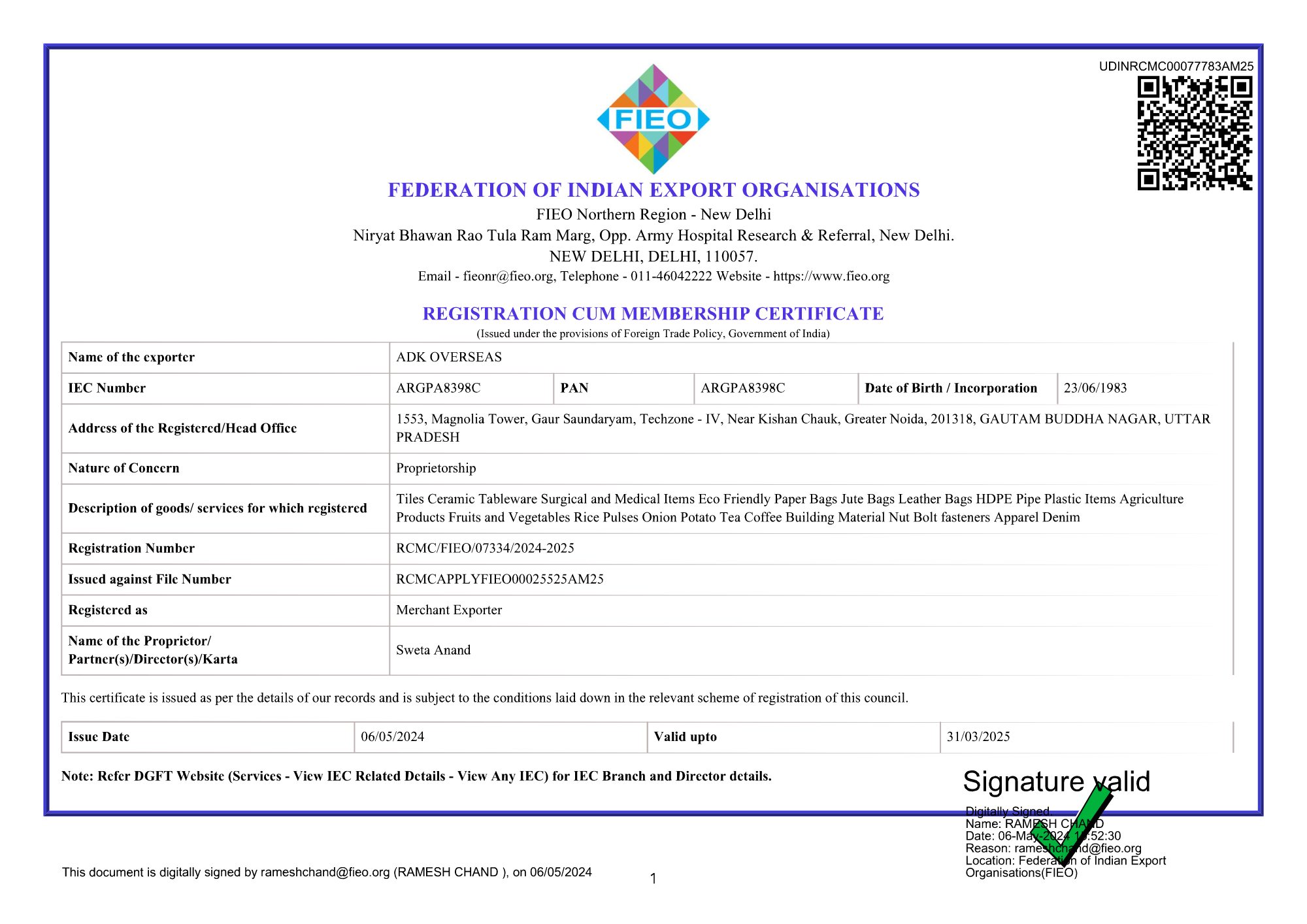 ADK Overseas FIEO RCMC